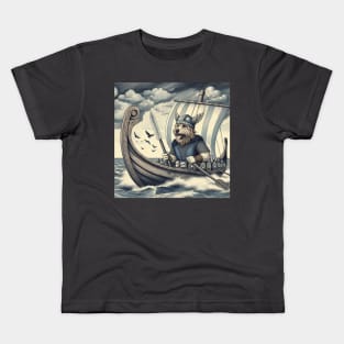 Cute horned Viking dog on a Viking boat Kids T-Shirt